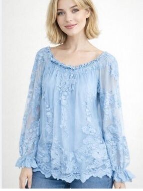 MARLED Light Blue Lace Peasant Blouse Tops XL NWOT